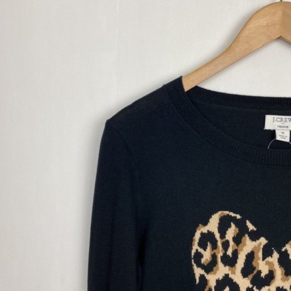 NWT J.Crew S Factory Teddie Sweater Black Animal Leopard Print Heart Intarsia - Picture 5 of 12